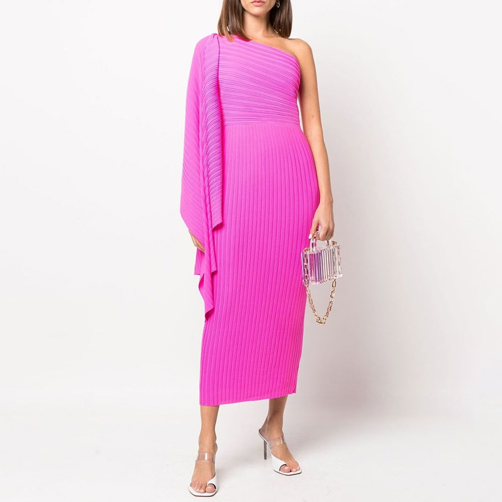 2023 Summer New Miyake Pleated Women Dress  Luxury Designe Solid Color Asymmetry One Shoulder Flying Sleeve Evening Party Dress