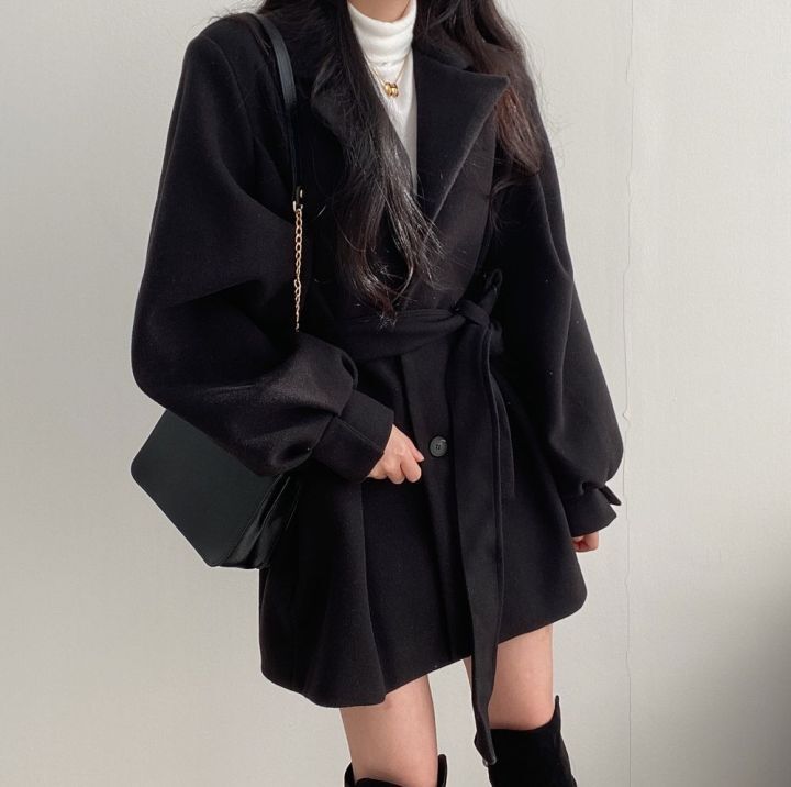 Women Solid Wool Blend Coat Slim Fit Belt Coats Female Warm Cotton Thicker V-neck Office Lady Elegant Trendy Button Outwear Ins