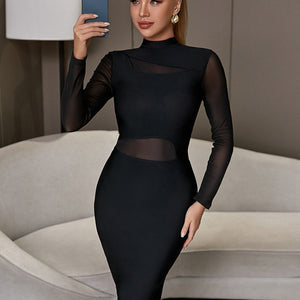 Elegant Women Long Sleeve Bandage Dress Sexy Black Lace See Through Bodycon Midi Club Evening Celebrity Runway Party Dress