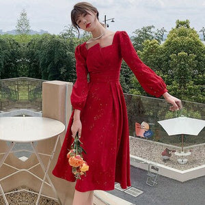 Women Evening Dresses Long Sleeve Elegant Square Collar Red Sequins Simple Prom Party Dress Long A-line Formal Vestidos
