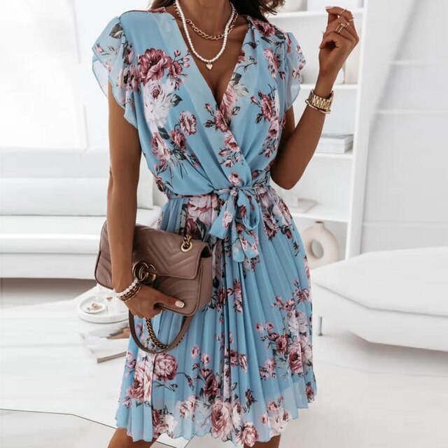 Summer Floral Print Chiffon Dress Women Sexy Deep V Neck Ruffled Sleeve Pleated Dress Female Elegant Lace-Up A Line Party Dress