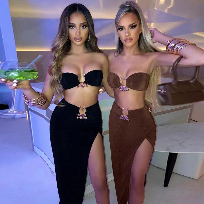 2022 Summer Sexy Fashion Party Split Two Piece Dress Sets Elegant Women Strapless Top And Skirts Outfits Matching Sets Clothes
