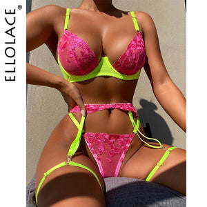 Ellolace Neon Lace Lingerie Sexy Underwear Heart-Shaped Embroidery Erotic Set Sensual Patchwork 3-Piece Garters Breves Sets