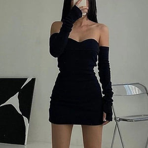 Vintage Gothic Sexy Tube Top Women Dresses Off Shoulder Gloves Streetwear Party Dress Outfits Elegant Women Clothing Mini Dress