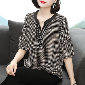 Women Spring Summer Style Blouses Shirts Lady Casual Loose Style V-Neck Half Lantern Sleeve Plaid Printed Blusas Tops