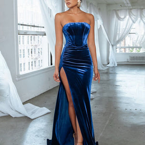 Sexy Backless Corset High Slit Elegant Velvet Evening Gown Dress Women 2023 Fashion Solid Party Club Formal Long Maxi Dresses