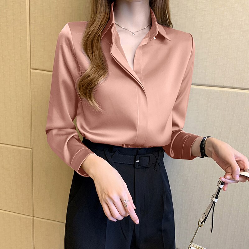 2022 Spring Office Lady Silk Blouse New Satin Shirts Women Chiffon Blouses Turn Down Collar Long Sleeve Tops Casual Loose Tops