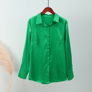 Satin Elegant Women Shirt Green Button Up Lapel Loose Office Ladies Shirts Top 2022 New Spring Summer Long Sleeve Blouse Tops