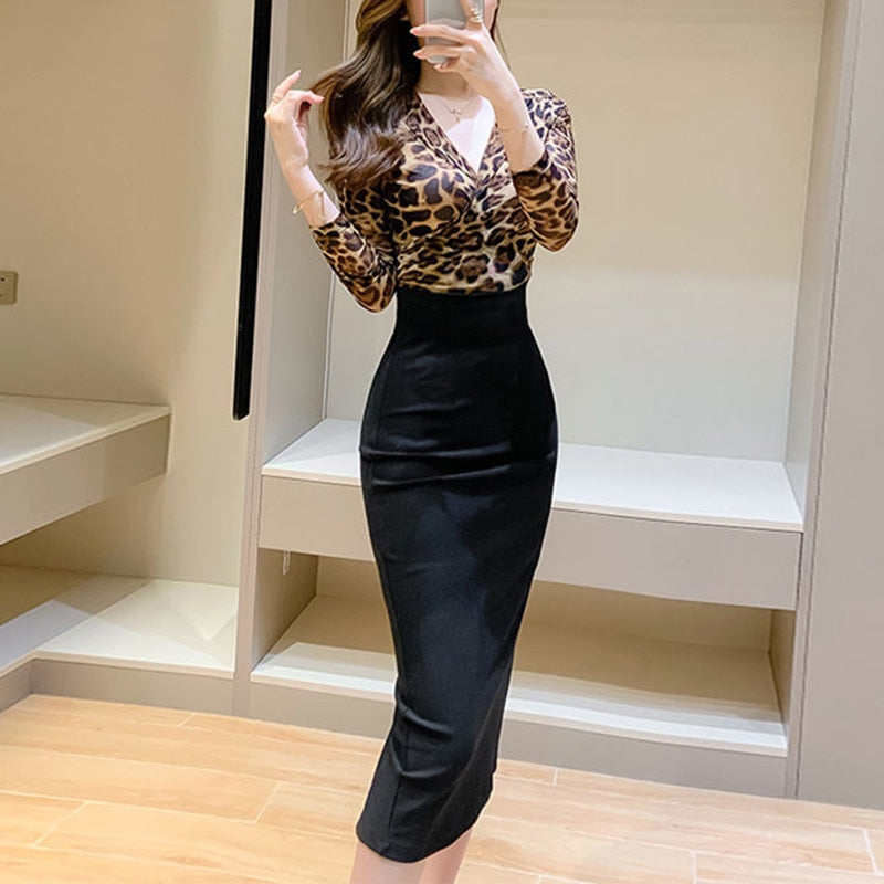 Spring Summer V-neck Leopard Patchwork Bodycon Dress Female Long Sleeve Sexy Evening Party Robe Vestidos Women Elegant Dresses