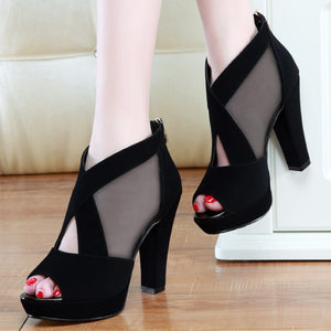 Summer Women High Heel Shoes Mesh Breathable Pomps Zip Pointed Toe Thick Heels Fashion Female Dress Shoes Elegant Footwear