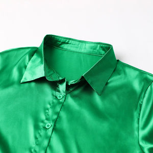 Satin Elegant Women Shirt Green Button Up Lapel Loose Office Ladies Shirts Top 2022 New Spring Summer Long Sleeve Blouse Tops