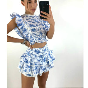 High Quality 2022 Sunday Set elastic waistband Cropped top with ruffle detail and cute ruffle mini shorts skirts