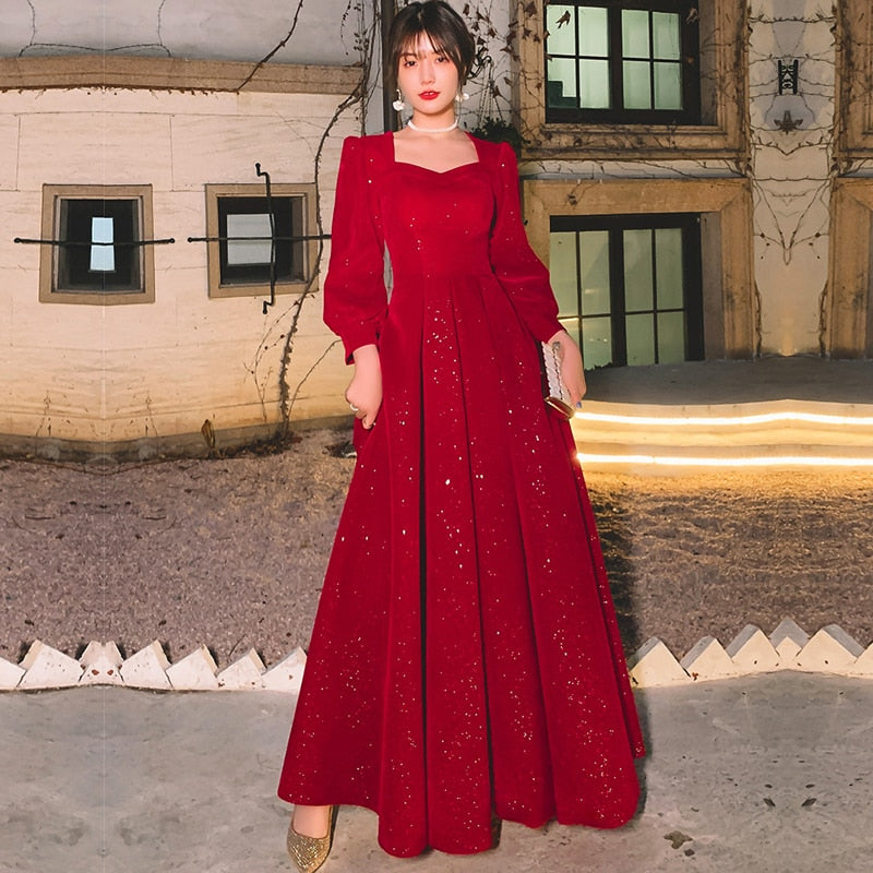 Women Evening Dresses Long Sleeve Elegant Square Collar Red Sequins Si Global Fashions GC Women Evening Dresses Long Sleeve Elegant Square Collar Red Sequins Si Global Fashions GC