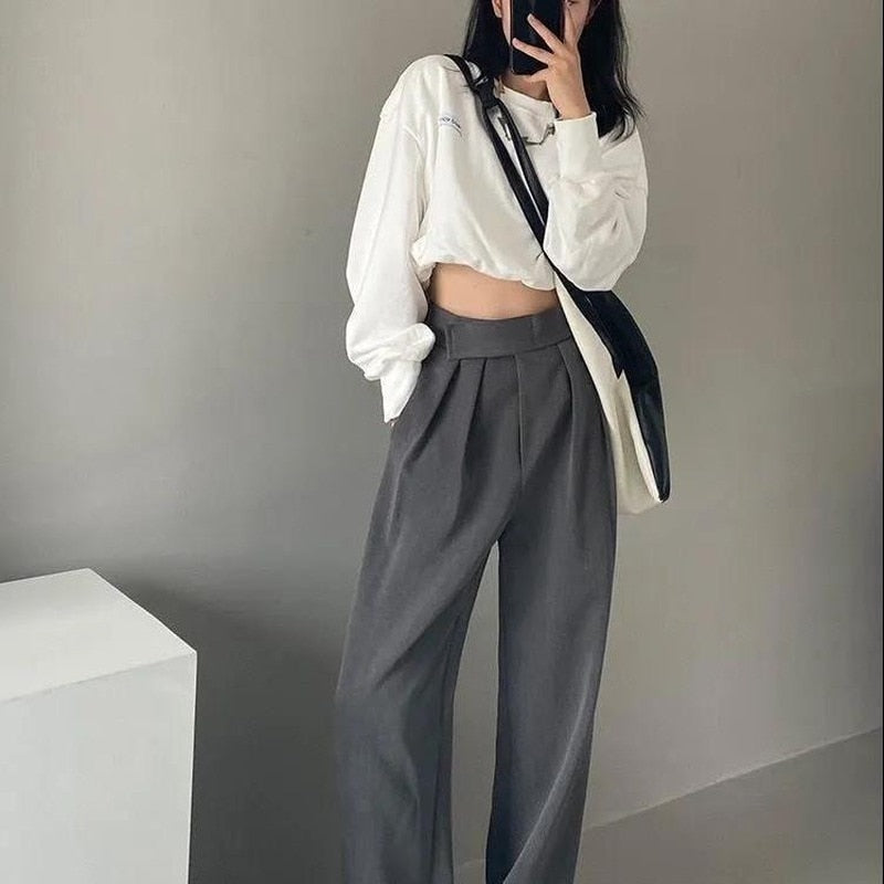 MINGLIUSILI Oversize Wide Leg Pants Spring 2022 Womens Fashion Korean Style High Waist Trousers Solid Color Casual Pants