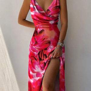 2022 Women Tropical Print Halter  Maxi Dress Summer  Vacation Sleeveless Sexy camisole Large swing Dress Casual Floral