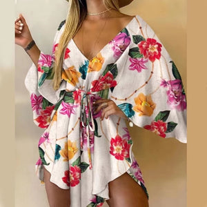 2022 New Summer Beach Elegant Women Dresses Sexy V Neck Lace-up Floral Print Mini Dress Casual Flared Sleeves Ladies Party Dress