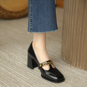 Small High-heeled Single Shoes Thick Heel Retro Thong Shoes 2022 Spring and Autumn New Chain Shallow Mouth Square Toe Shoes