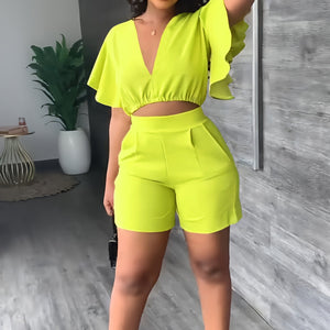 Summer Fashion Sexy V-neck Lotus Leaf Short Sleeve Short Top Slim Fitting Shorts Women&#39;s Casual Solid Two Piece Shorts Set 2022