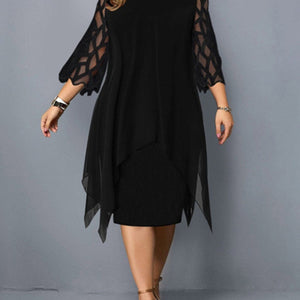 Elegant Midi Party Dress For Chubby Women Xxl O Neck Lace Sleeve Hollow Out Solid Sexy Women&#39;S Clothing  Evening Dresses 2023