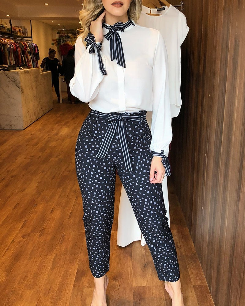 Tied Detail Top &amp; Polka Dot Print Pants Set Casual Women Two Piece Set Outfits Office Workwear