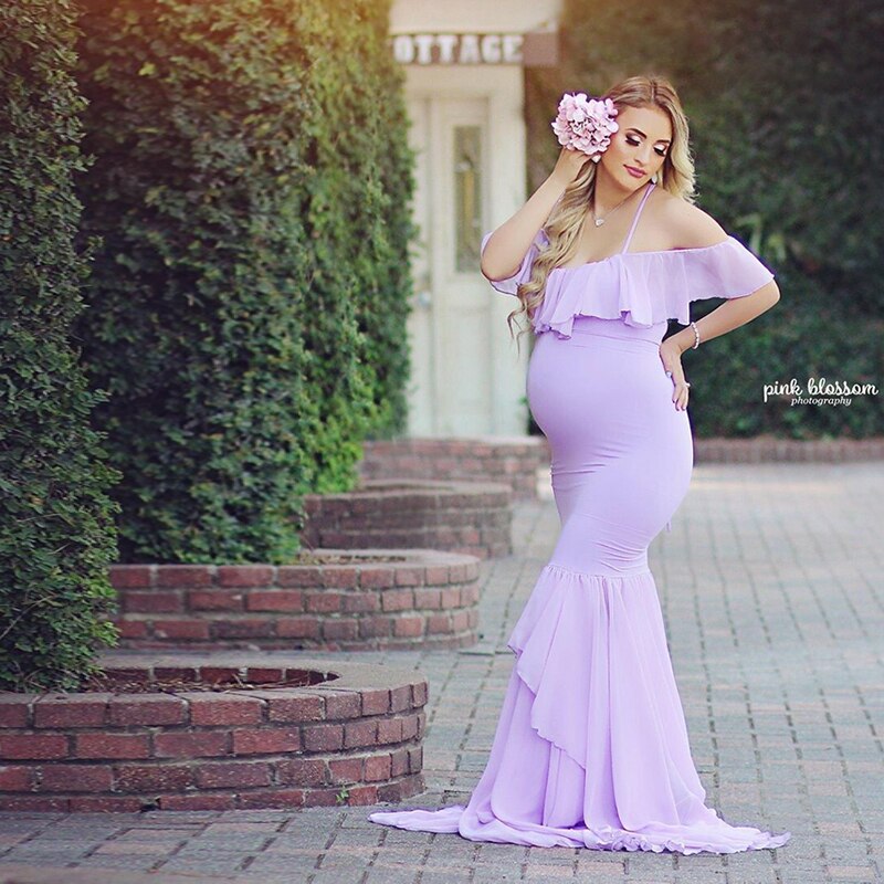 Europe and America In Summer Maternity Dresses Ruffles Baby Showers for Photo Shoot  Chiffon Fishtail  Long Skirt Solid Color186