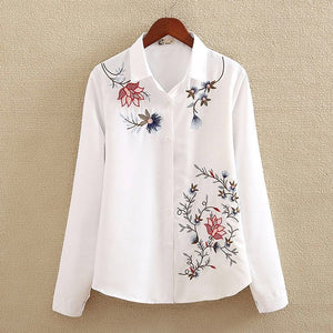 Cotton Plus  Feather Embroidery White Long Blouse Women Long Sleeve Art Loose Ladies Office Work Tops Button Down Shirts