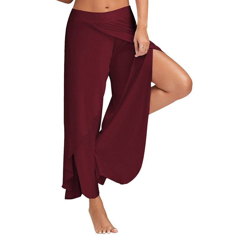 Women Plus Size Wide Leg Pants Loose Fitness Dance Yoga Split Trousers Female Elastic Wasit Casual Workout Solid Summer Clothing