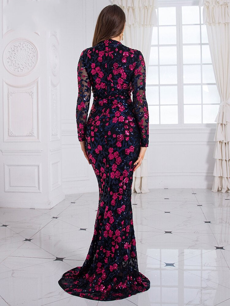 High Neck Full Sleeve Luxury Sequin Flowers Celebrity Evening Party Dress Floor-length Bodycon Mermaid Cocktail Prom Gown 2023
