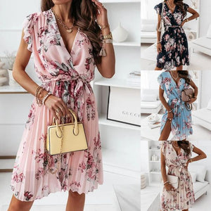 Summer Floral Print Chiffon Dress Women Sexy Deep V Neck Ruffled Sleeve Pleated Dress Female Elegant Lace-Up A Line Party Dress