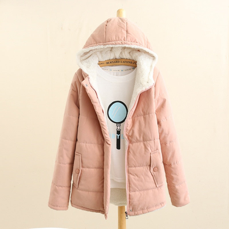 JFUNCY Women Winter Fleece Parkas Coat New Korean Casual Jackets Cotton Hooded Windproof Warm Pink Khaki Velvet Coat for Women