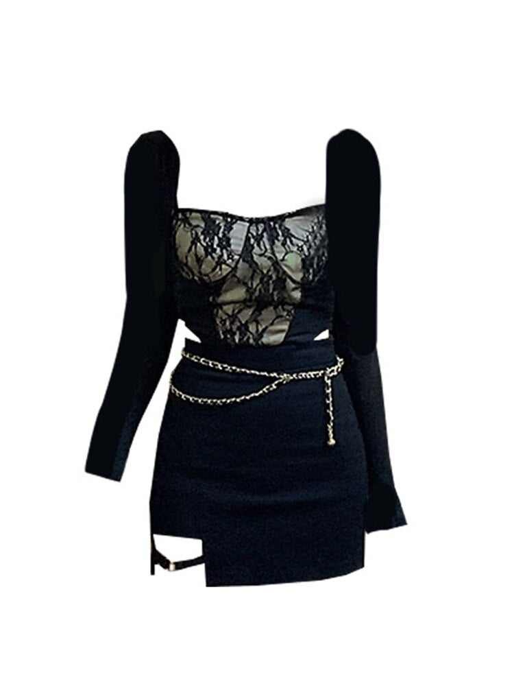 Ladies Set Y2k Lace Camisole And Black Long Sleeve Cardigan And Sexy Hollow Out Skinny Skirts Summer Chic Aesthetics 3 Piece Set