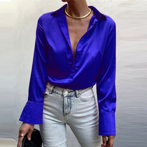 Satin Elegant Women Shirt Green Button Up Lapel Loose Office Ladies Shirts Top 2022 New Spring Summer Long Sleeve Blouse Tops