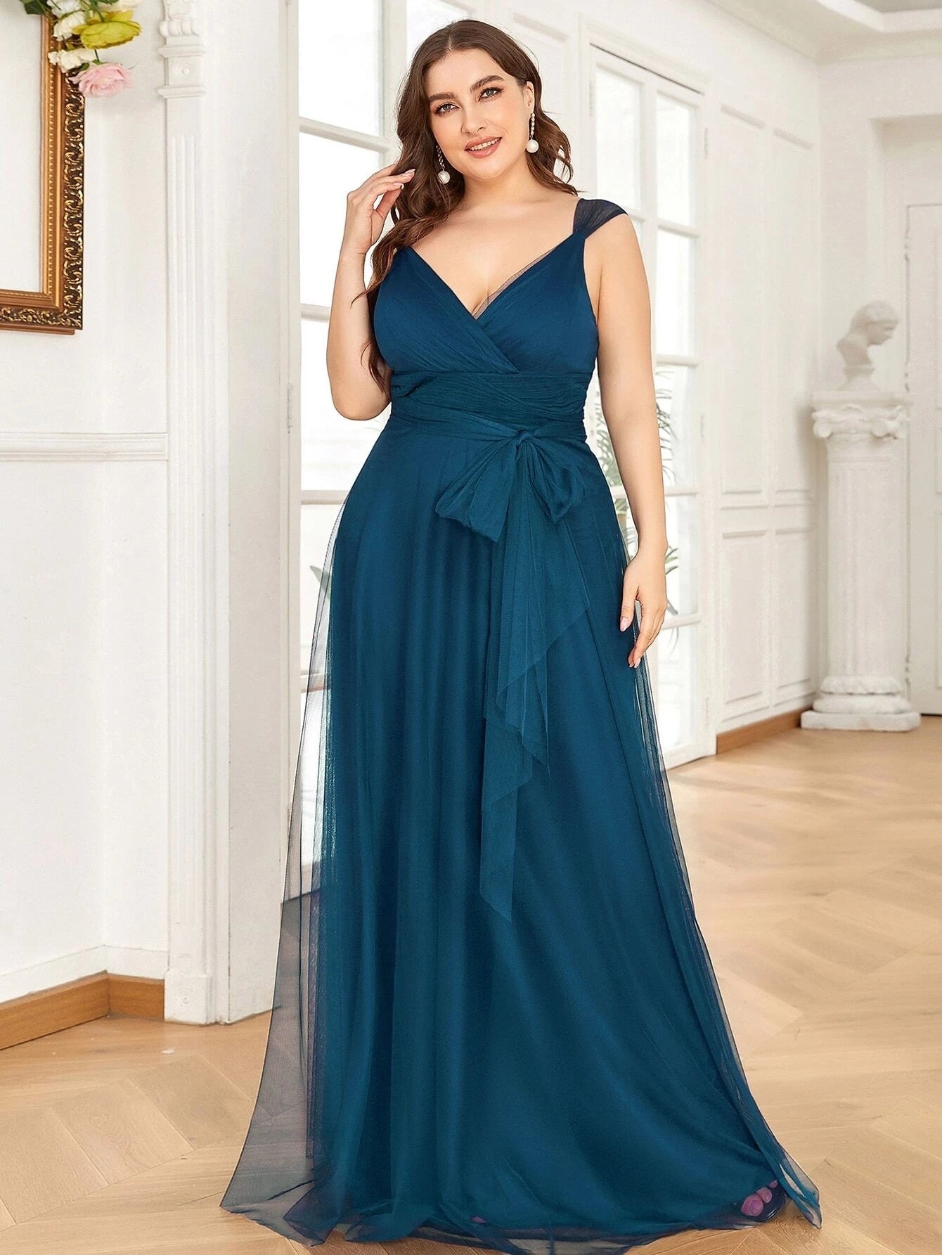 Plus Size Luxury Evening Dresse Long V-Neck Sleeveless A-LINE Floor-Length Gown 2023 BAZIIINGAAA  of Solid Lace Prom Women Dress
