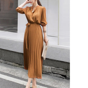 Elegant Chiffon Long Sleeve Shirt Dress Women Belt Lace Up A-line Pleated Maxi Dress Korean Fashion 2022 Fall Clothes Streetwear