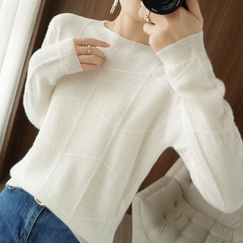Autumn Winter New Women&#39;s European Version Long-Sleeve Knitted Pullover Cashmere Wool Plaid Pattern Sweater Casual Slim Bottom
