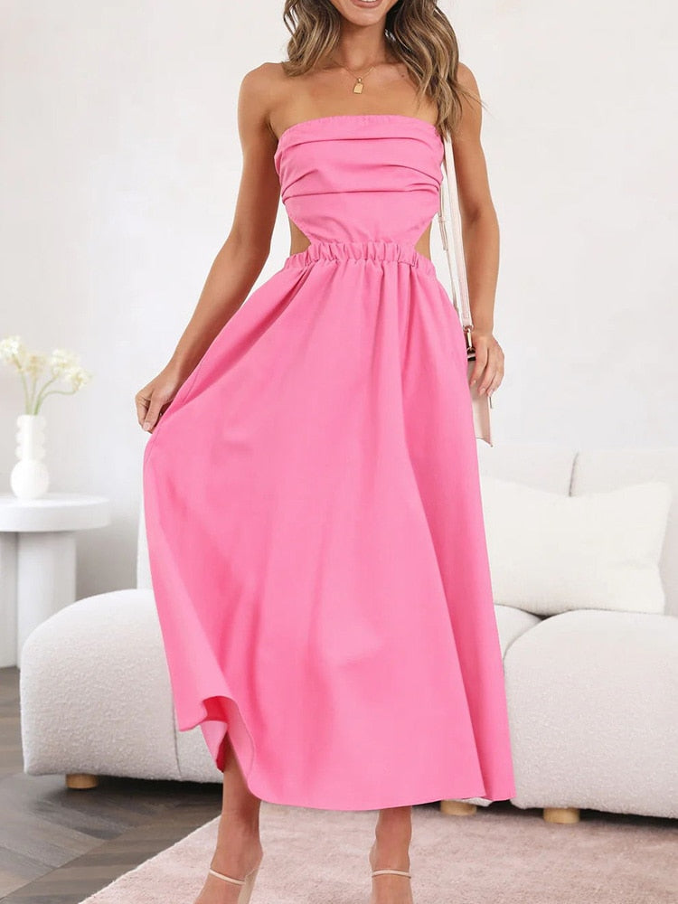 Women Long Dress 2023 Fashion Summer Solid Sleeveless Strapless A-line Dress Elegant Slim female dress Party Evening dress
