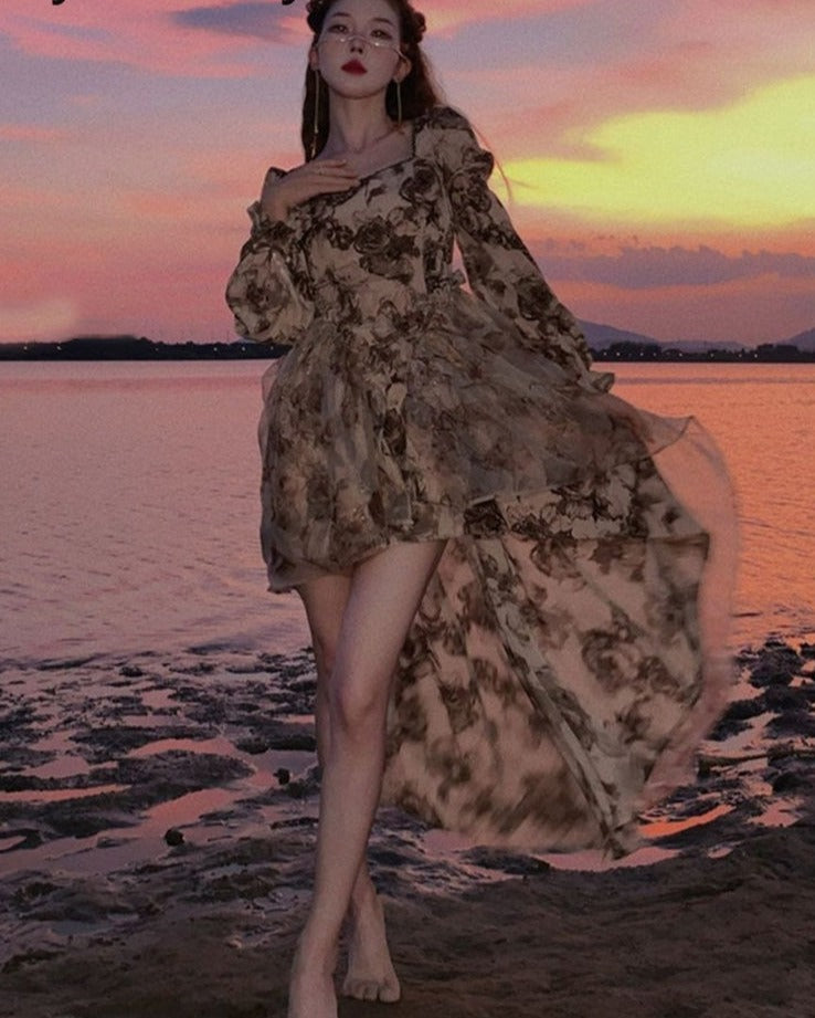 Autumn Floral Fairy Dresses for Women 2022 Luxury Designer Slim Korean Princess Dresses Female Chic Elegant Casual Party Dresses