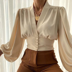 Cropped Lantern Sleeve Women&#39;s Shirt Deep V-neck Pleated Spring Summer Blouses Women New Fashion Office Lady Shirts Tops