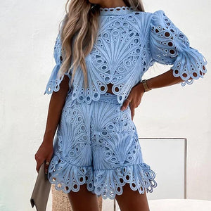 Two Pieces Sets Women Sexy Lace Hollow Out Tracksuits Shirt with Mini Shorts Fashion Outfits Summer Puff Sleeve Shorts Suit
