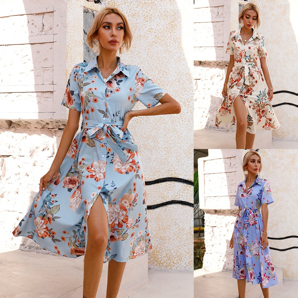 Woman Summer Elegant Flower Print Midi Dress Button Sashes Party Casua –  Global Fashions GC