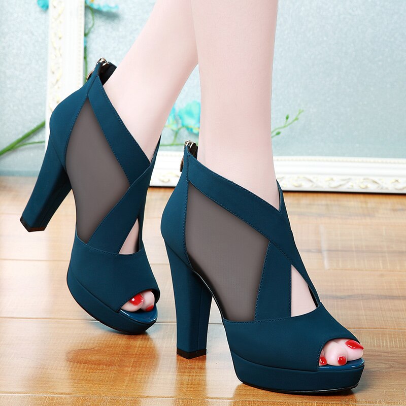 Summer Women High Heel Shoes Mesh Breathable Pomps Zip Pointed Toe Thick Heels Fashion Female Dress Shoes Elegant Footwear