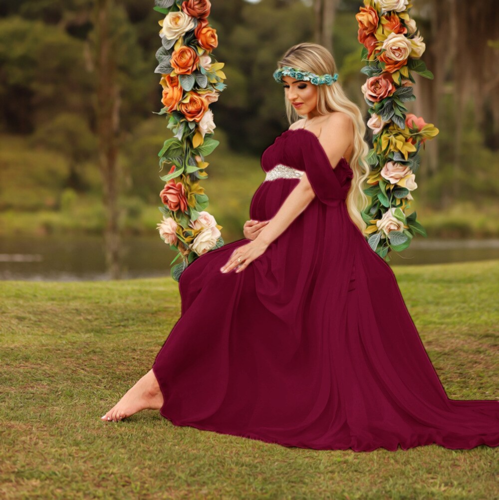 Chiffon Maternity Photography Props Dress With Sashes Maternity Gowns  Maternity Photo Shoot Trailing Long Dress Flying Sleeves