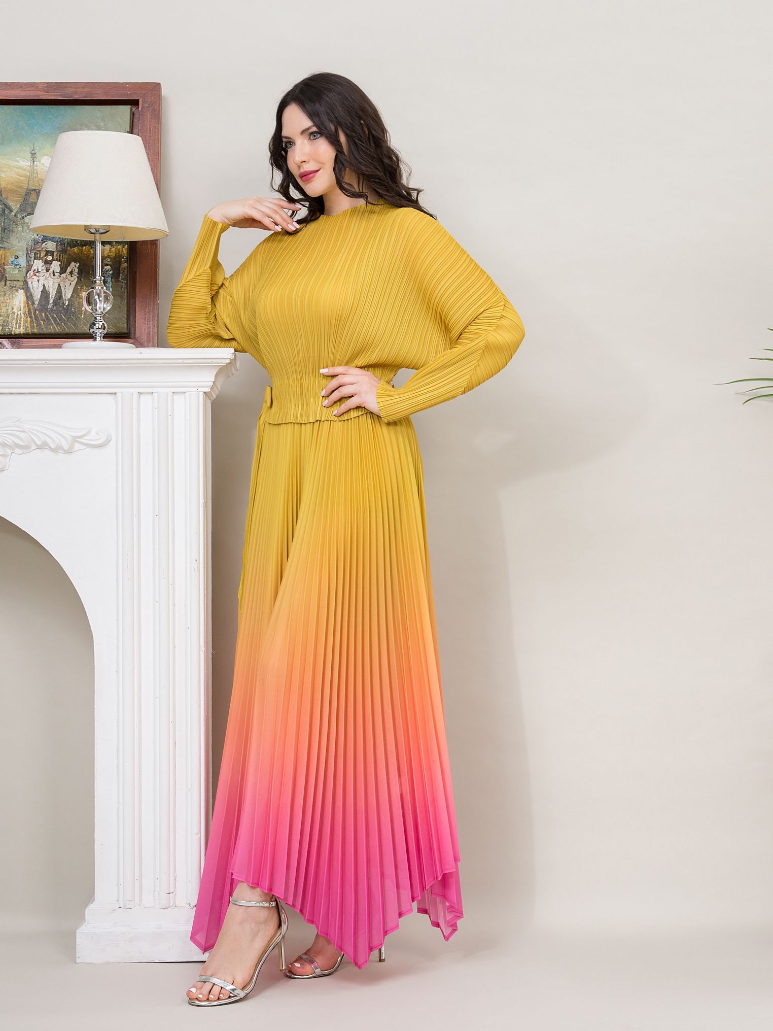 Miyake Pleated Belts Gradient Color Luxury Yellow and Pink Long Sleeve Soft Round Neck Casual Dresses For Women,Plus Maxi