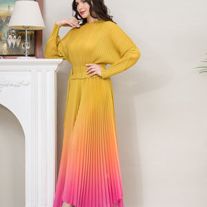 Miyake Pleated Belts Gradient Color Luxury Yellow and Pink Long Sleeve Soft Round Neck Casual Dresses For Women,Plus Maxi