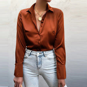 Satin Elegant Women Shirt Green Button Up Lapel Loose Office Ladies Shirts Top 2022 New Spring Summer Long Sleeve Blouse Tops