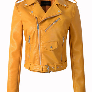 New Arrival 2022 brand Winter Autumn Motorcycle leather jackets yellow leather jacket women leather coat  slim PU jacket Leather