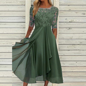 New Elegant Green Party Dress Women O Neck Lace Half Sleeve Prom Dresses For Women Solid A-Line Dress Boho Sexy Long Dress