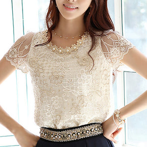 Chiffon Summer 2022 New Korean Flowers Short sleeve Women tops Embroidery Lace blouses shirt Petal Round Neck blusas Mujer 511H