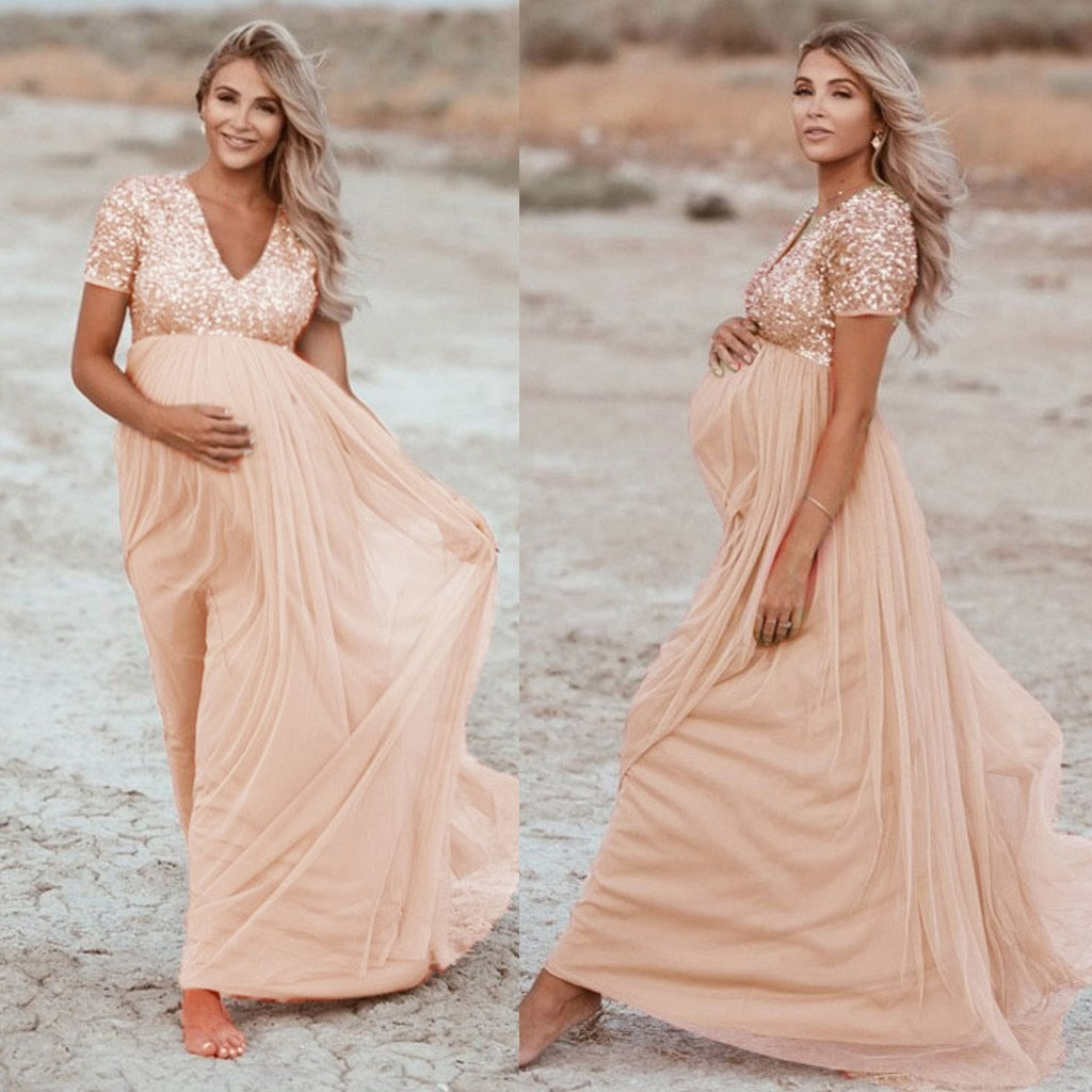 Maternity Dresses For Photo Shoot Pregnancy Dress Sequined Solid Women Pregnants Maternity Photography Props Short Sleeve Dress