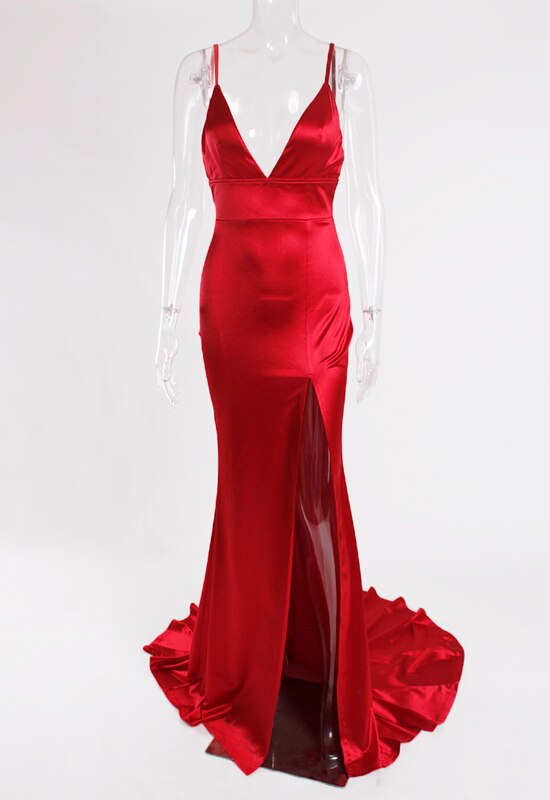 Red Evening Gown Strappy Split Leg Floor Length Long Prom Dress Padded Stretch Wedding Party Dresses